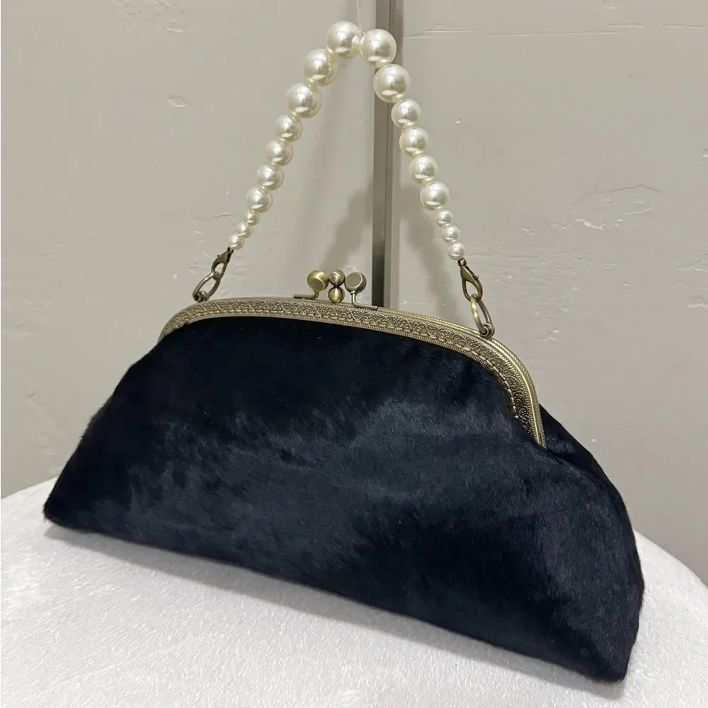 Black Real Hair-on-horsehide Handsewn Double Kiss-lock Clutch Bag/Crossbody